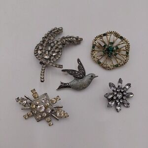 Lot 5 Vtg Rhinestone Brooch Estate Bird Bling Pins Back Fancy Lady Flair Luxury